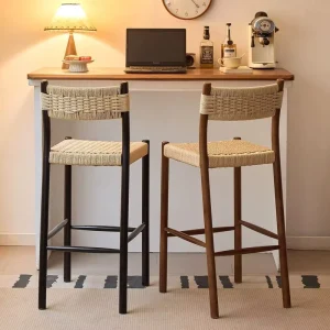 Counter Height Solid Wood Bar Stool with Woven Rope Seat and Backrest for Hotel Patio Home and Restaurant Use