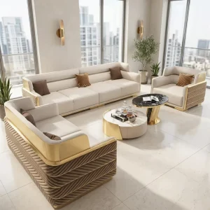 Cream Leather Sofa Set with Chevron Ribbed Gold Side Panels Luxury Furniture for Executive Offices