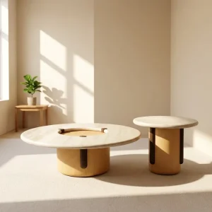 Cream Minimalist Nesting Coffee Table 2-Piece Round Beige Engineered Wood Modern Living Room Furniture