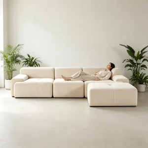 Cream Modular Sectional Compressed Roll up Sofa Plush Boucle Corduroy Fabric L Shaped Three Seat Chaise Customizable Hotel Villa