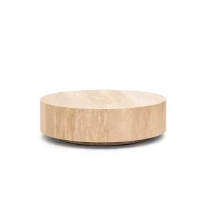 Cream Natural Travertine Coffee Table Wide Flat Drum Shape Solid Integrated Stone Modern Lounge Plinth