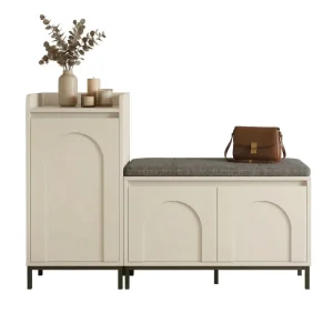 Cream Solid Wood Modern Entryway Storage Cabinet Bench with Seating and Hidden Shoe Organization for Living Room Apartment Hotel