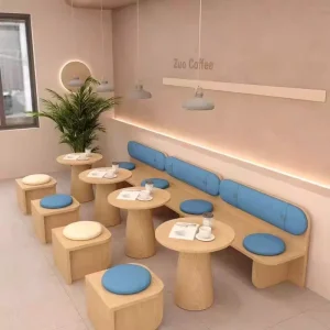 Cream Style Panel Solid Wood High Density Foam Durable Commercial Restaurant Furniture Dining Table Chair Booth Set for Coffee