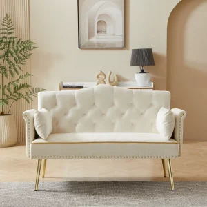 Cream White 2 Seater Wood Sofa Bed with Massage for Apartment Living Room
