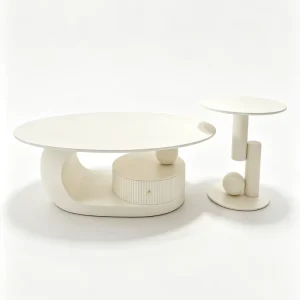 Cream White Oval Coffee Table Set of 2 Artistic Side Table with Storage Drawer Matte End Table for Living Room Apartment