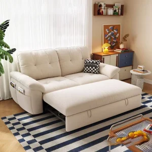 Cream White Simple Designer Lounge Sofa Bed Modern Fabric Pull Out Sofa Bed Living Room Sofa Bed Double Seat for Home Apartment