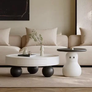 Cream White Snowman Shape Durable High End Modern Living Room Coffee Table Set Wooden Center Table