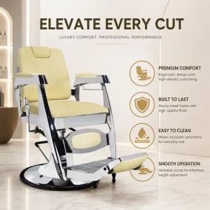 Cream Yellow High Back Barber Chair Hydraulic Salon Chair with Round Base Footrest and Headrest