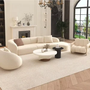 Cream colored Lambswool Three Seat Fabric Sofa Modern Minimalist Curved Reception Sofa Living Rooms Hotel Lobbies Set
