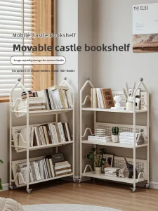 Cream-style Light Luxury Style Iron Floor-Standing Movable Corner Shelf Bookcase for Small Children’s Picture Book Storage