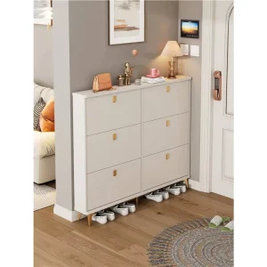 Cream style Ultra thin Shoe Cabinet Household Door Entrance Flip up Foyer Space saving Rack