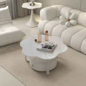 Creamy Cloud Coffee Table Metal Stone Slab Set Storage Space for Small Living Rooms Luxe Modern Minimalist Living Room Furniture