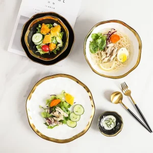 Creative Ceramic Gold Plated Modern Minimalist Design Round Plate and Bowl Set for Hotel Restaurant and Household Use