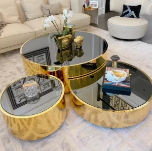 Creative Glass Top Coffee Table Set Glossy Matte Gold Stainless Steel Frame Wooden Marble Center Three Sizes Available