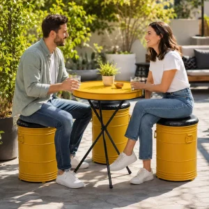 Creative Industrial Metal Barrel Furniture Set for Garage Mancave Decorative Metal Yellow Bar Chair and Table Set