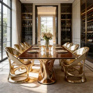 Creative Polished Golden Fiberglass Dining Chairs 6 10 Seater Dining Table Set Home Restaurant Banquet Furniture