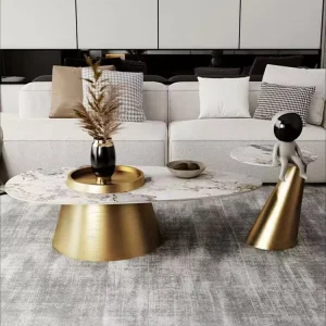 Current Popular Fancy Stylish Home Decorative White Oval Shape Gold Stainless Steel Table Restaurant Center Dining Table