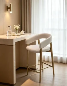 Curved Arm Fabric Hotel Bar Stool 304 Stainless Steel Base Champagne Gold Legs Customizable Counter Chair
