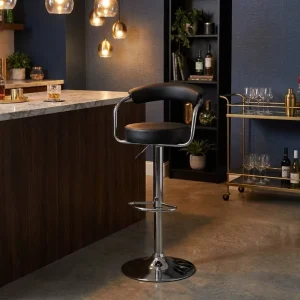 Curved Backrest Bar Stool Circular Seat Chrome Frame Armrest Pneumatic Height Adjustable Chrome Footrest 360 Swivel Base