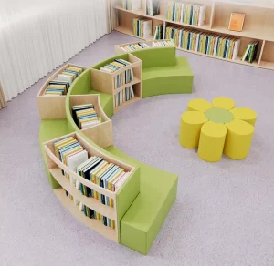 Curved Creative Sofa Combination with Bookcase Storage for School Kindergarten and Library Reading Area