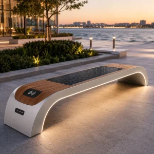 Curved Outdoor Smart Solar Bench With LED Light Solar Charging Bench USB & Wireless Charging WPC Smart City Public Bench