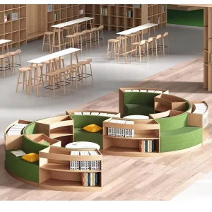 Curved Wooden Bookshelf Sofa Seat Customizable Size and Color for Children’s Library Furniture