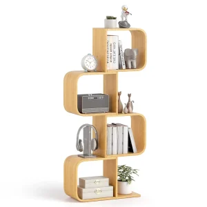 Custom 4 Tier S Shaped Revolving Bookcase Bamboo Bookshelf for Home Office