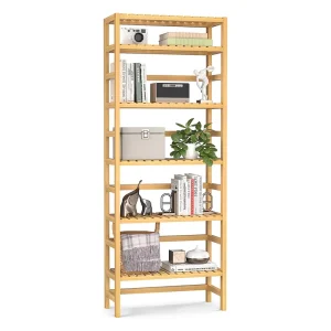 Custom 6 Tiers Adjustable Tall Book Shelf Rack Wooden Library Bookshelf Free Standing Storage Bamboo Bookshelf for Living Room