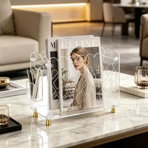 Custom Acrylic Magazine Holder Detachable Pen Holder Diamond Hollow Gold Feet Desktop Storage for Home Office Living Room