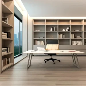 Custom All in One Bookcase Desk Combo Adjustable Layer Shelves Silent Drawer Hardware for Small Studio Apartment Study Remodel