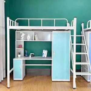 Custom All in One Heavy Duty Steel Loft Bed with Desk and Wardrobe Space Saving Dorm Bed for School Students and Hostel