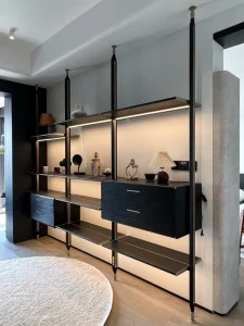 Custom Aluminum Pillar Bookshelf With Glass Shelves Solid Wood Drawers Aluminum & Solid Wood Bookcase