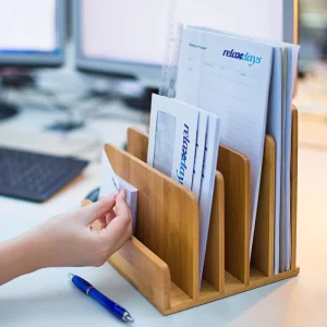 Custom Bamboo Standing Type Office Desk File Organizer Multi-layer File Classification Storage Box Envelope Sorting Rack