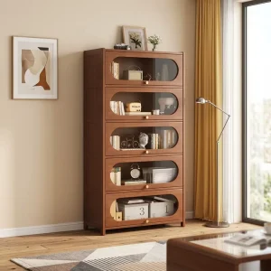 Custom Bamboo Wood Multi functional Modern Minimalist Dustproof Bookcase with Door for Living Room and Home Use
