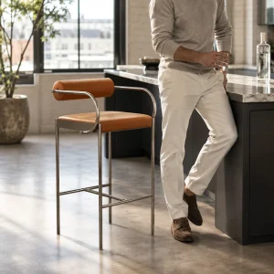 Custom Bauhaus Tubular Steel 65cm Counter Height with Bolster Cushion and Integrated Armrest Bar Stool
