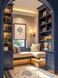 Custom Blue Library Cabinets with Window Seat and Recessed Shelves for Luxury Hotel and Home Reading Nook