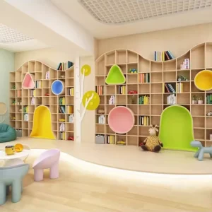 Custom Bookstore Shelf School Library Furniture Kids Wood Book Shelves Children Wood Wall Bookshelves with Circle Seat