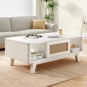 Custom Coffee Table Rattan Drawer Cabinet Wooden Coffee Table with Storage Rack