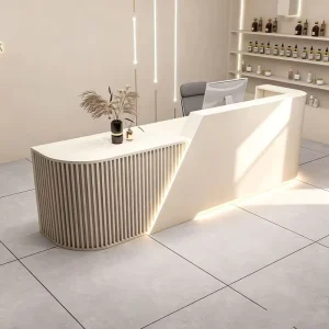 Custom Color Modern Minimalist MDF Cash Register Desk for Beauty Salon Metal and Wood Reception Bar for Spa Application