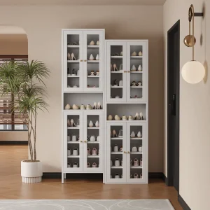 Custom Color Slim Vertical Glass Front Storage for Narrow Entryway Three Section Metal Shoe Organizer Cabinet