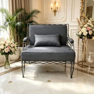 Custom Color Twisted Wire Iron Midcentury Modern Faux Leather Foam Filled Sofa Armchair for Mall Gym Boutique Hotel Villa