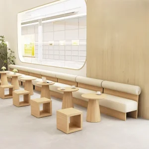 Custom Commercial Restaurant Furniture White Back Booth with Padded Base Solid Wood Table with Chairs Set for Bubble Tea Shop