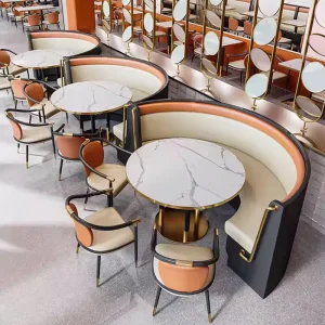 Custom Curved Booth Seating Sofa Set PU Leather Restaurant Furniture with Round Stone Table for Cafe Restaurant Lounge