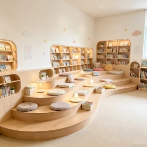 Custom Curved Children Library Furniture Set Soft Pack Sofa Book Cabinet Creative Combination Bookshelf For Kindergarten