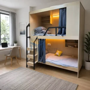 Custom Double Bunk Bed with Soundproof Curtain and Side Ladder Loft Style for Dormitory Hotel Apartment Hostel