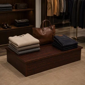 Custom Eco-Friendly Wide Wooden Retail Display Platform for Clothing Boutique Showroom Shopping Mall and Brand Stores