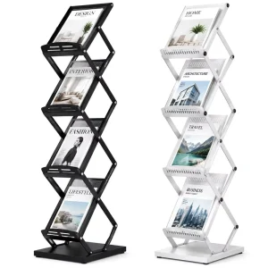 Custom Floor Standing Magazine Rack Iron Wheeled Newspaper Rack 4 Tier Black Metal Magazine Display Rack Stand