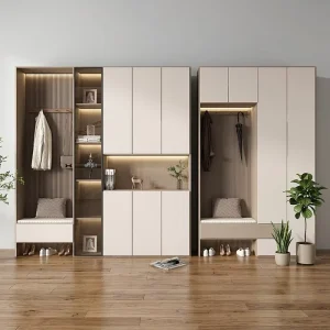 Custom Fluted Panel Shoe Storage Cabinet Dual Shoe Nook Coat Hanging Bay LED Display Shelf Cushioned Household Entry Furnishings