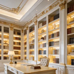 Custom French Light Luxury Full wall Bookshelf Solid Wood Carved High end Study Book Cabinet with Light Strip Background Cabinet