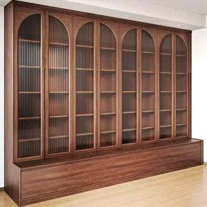 Custom Full Wall Bookcase for Living Room Solid Wood Floor Standing Bookshelf with Glass Door Combination Cabinet